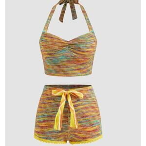 CIDER Knit Set Crochet Halter Top and Shorts Set Size Medium Beachy Boho